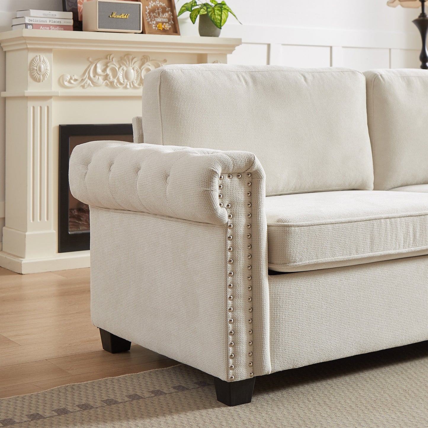 83.8 2-in-1 Polyester 3-seater Nailheads Convertible Pullout Sofa Bed with Folding Mattress for Living Room