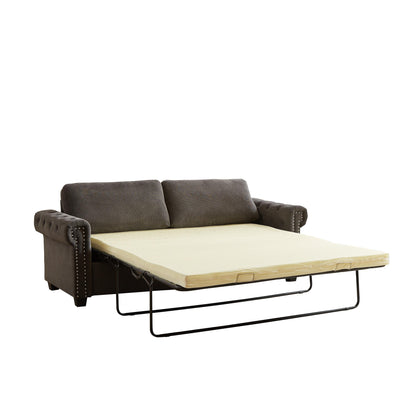 83.8 2-in-1 Polyester 3-seater Nailheads Convertible Pullout Sofa Bed with Folding Mattress for Living Room