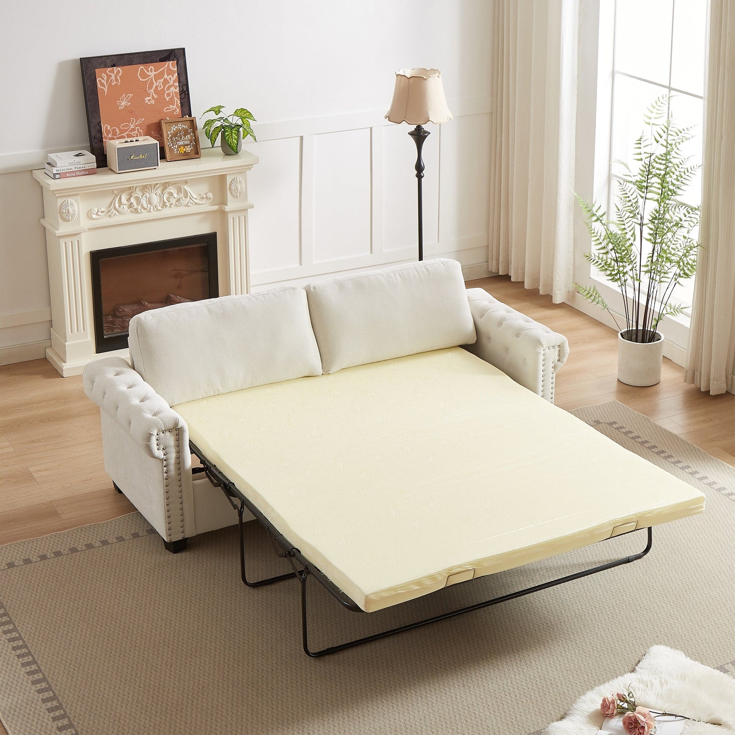 83.8 2-in-1 Polyester 3-seater Nailheads Convertible Pullout Sofa Bed with Folding Mattress for Living Room