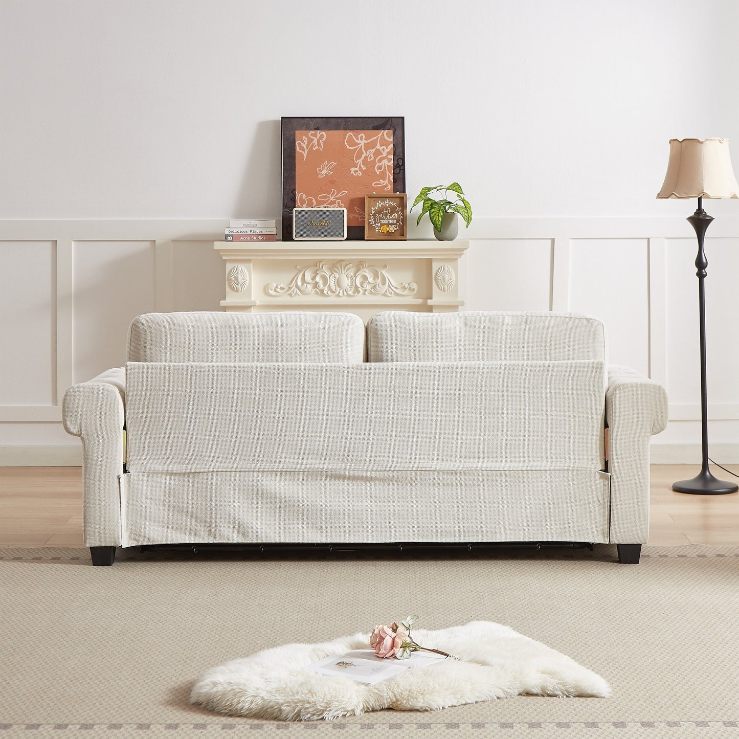 83.8 2-in-1 Polyester 3-seater Nailheads Convertible Pullout Sofa Bed with Folding Mattress for Living Room
