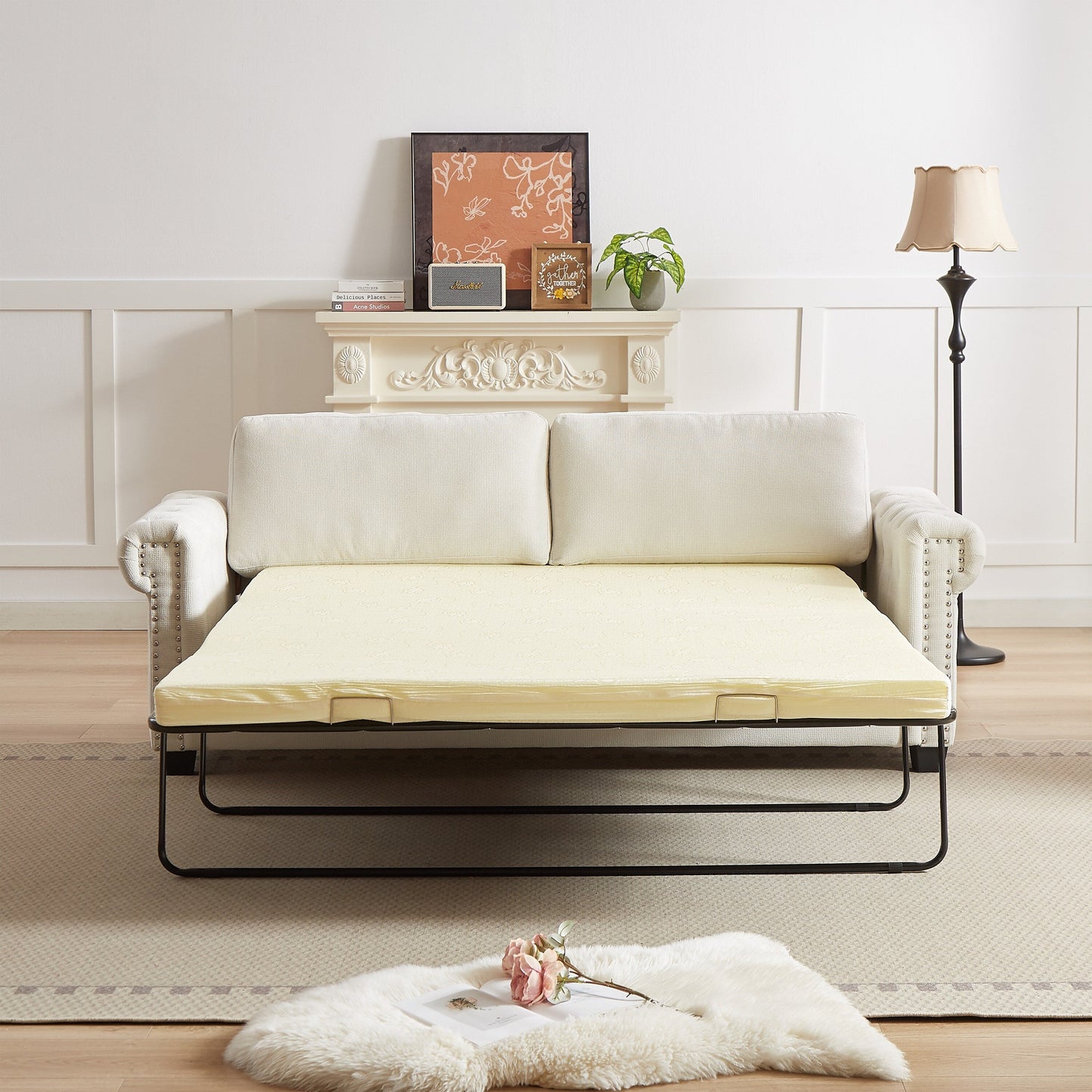 83.8 2-in-1 Polyester 3-seater Nailheads Convertible Pullout Sofa Bed with Folding Mattress for Living Room