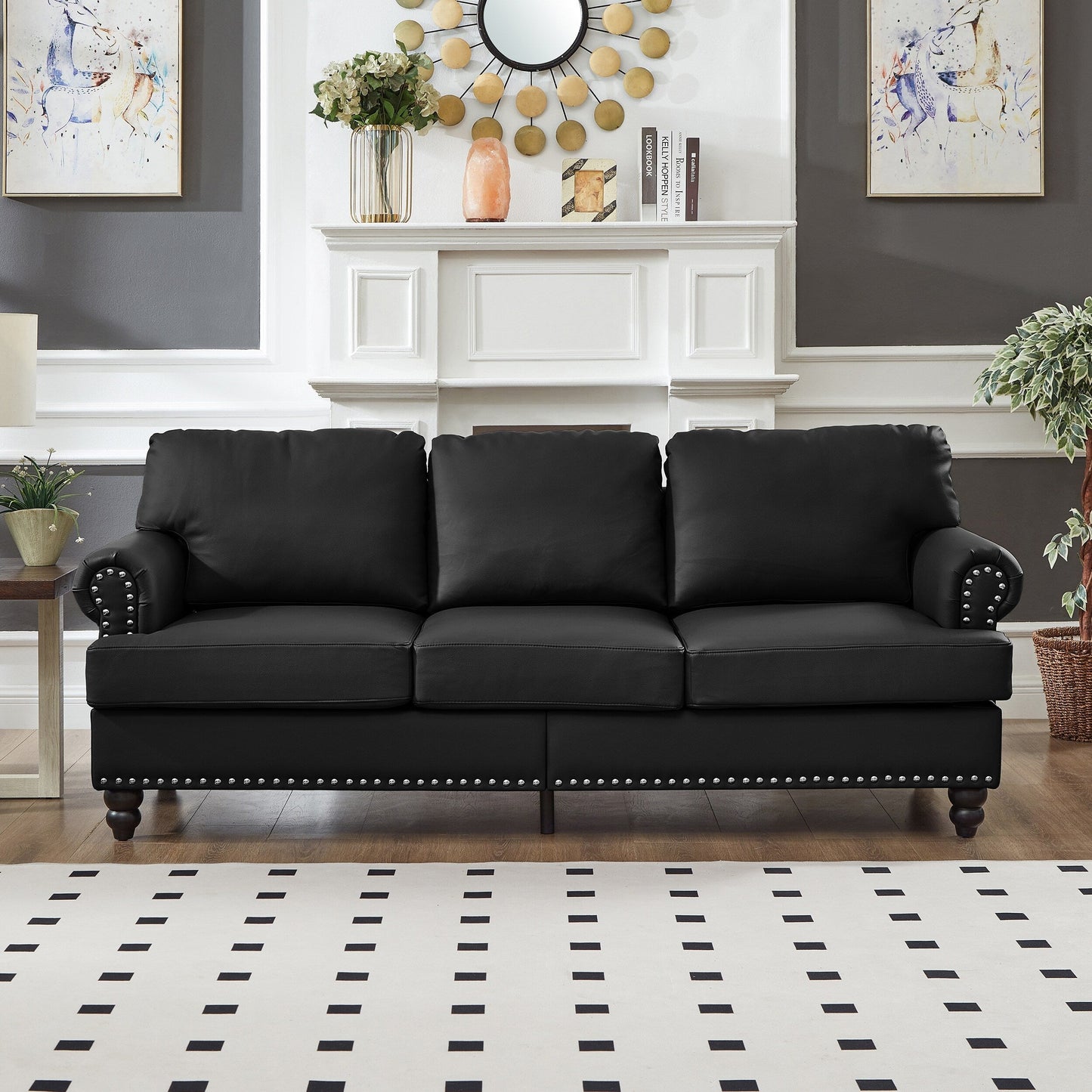83 Classic Leather Sofa - 3-Seater Genuine-Look Cowhide Couch with Nailhead Trim, Durable Faux Leather Upholstery