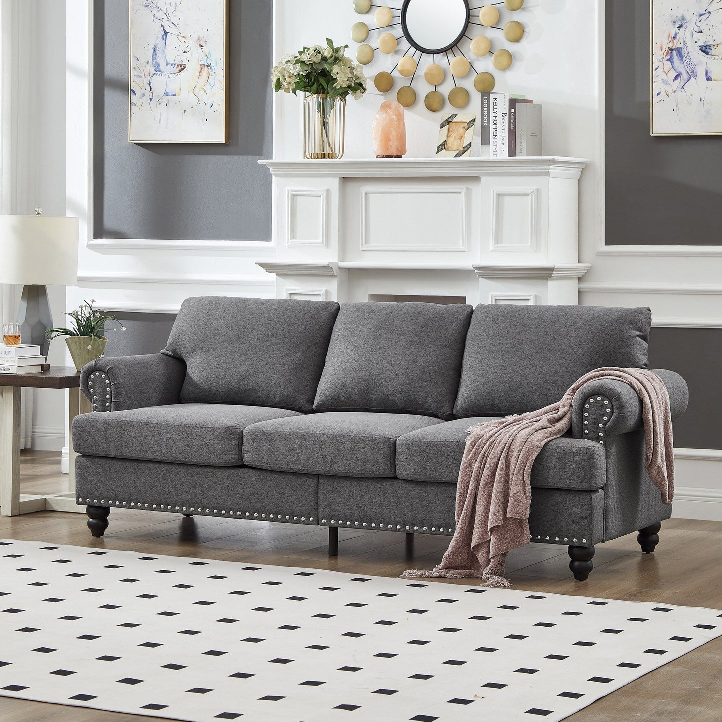 83 Classic Tufted Sofa - 3-Seater Fabric Couch with Nailhead Trim, Polyester Upholstery & Solid Wood Frame for Living Room