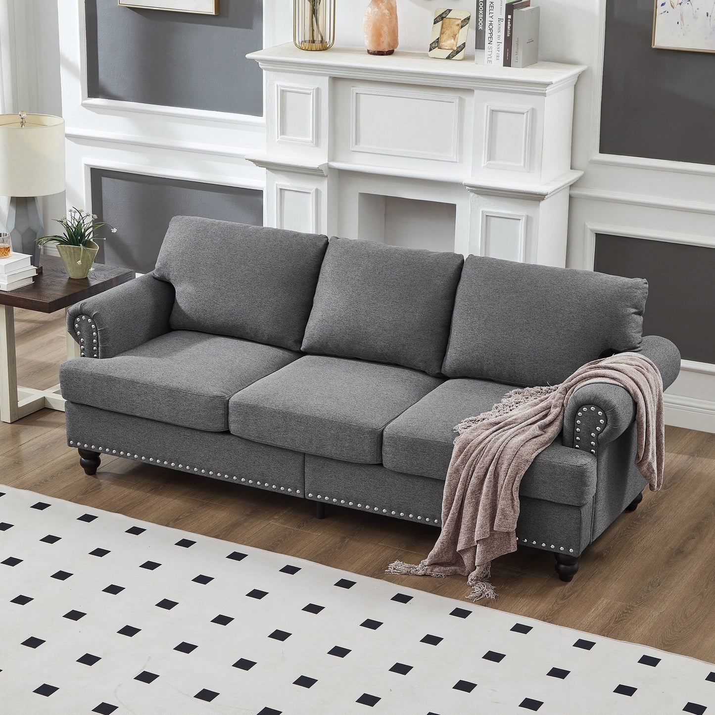 83 Classic Tufted Sofa - 3-Seater Fabric Couch with Nailhead Trim, Polyester Upholstery & Solid Wood Frame for Living Room