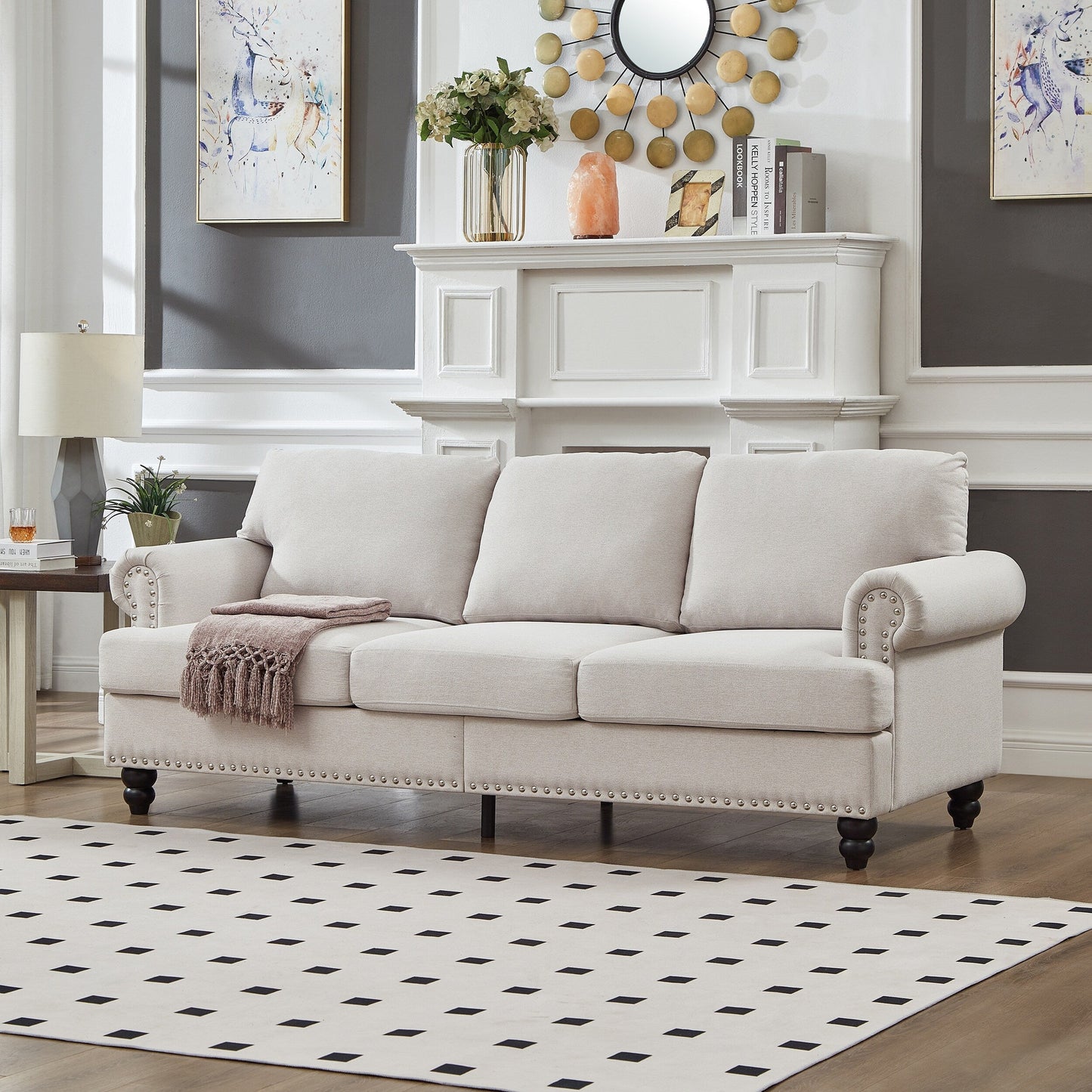 83 Classic Tufted Sofa - 3-Seater Fabric Couch with Nailhead Trim, Polyester Upholstery & Solid Wood Frame for Living Room