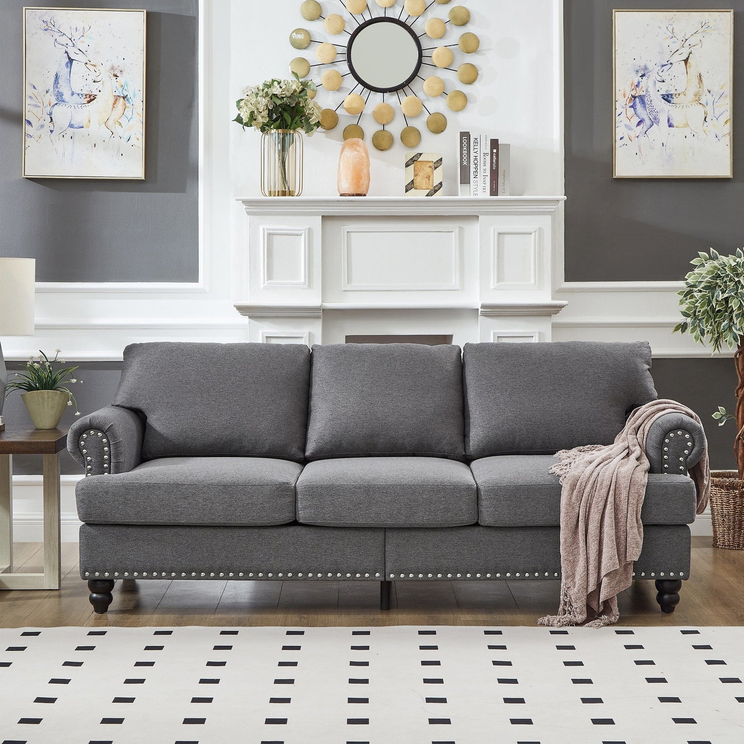 83 Classic Tufted Sofa - 3-Seater Fabric Couch with Nailhead Trim, Polyester Upholstery & Solid Wood Frame for Living Room