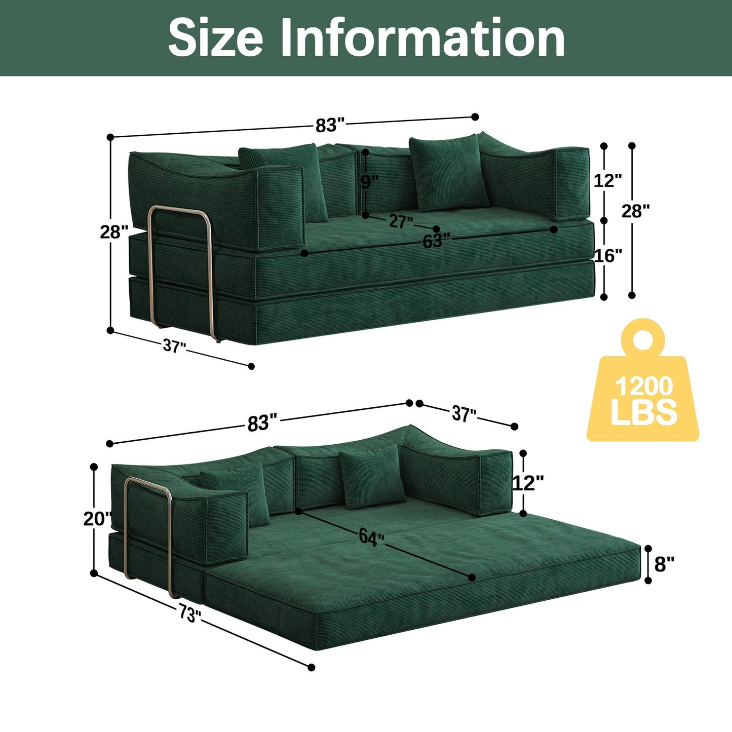 83 Upholstered Convertible Sofa Bed Corduroy Couch Foldable Futon With 2 Pillows