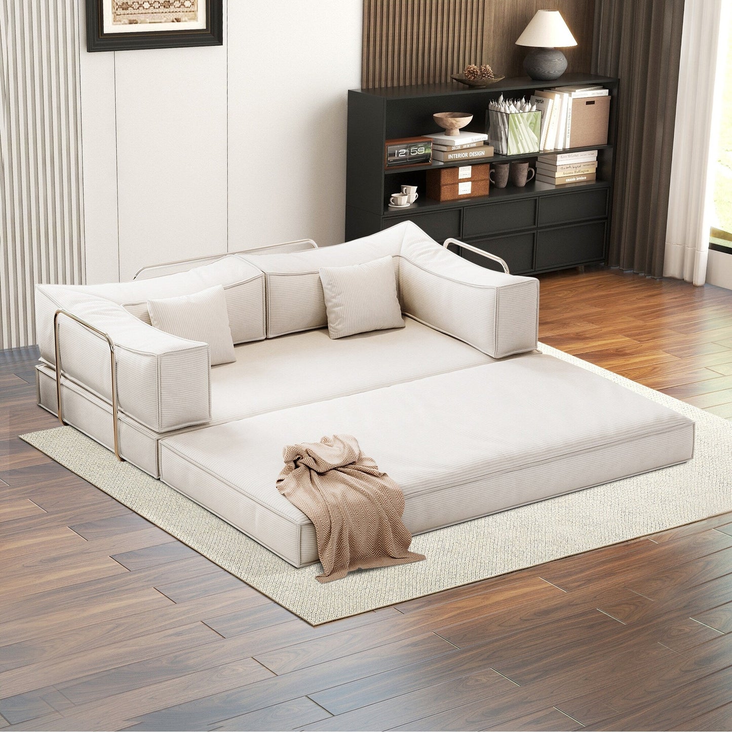 83 Upholstered Convertible Sofa Bed Corduroy Couch Foldable Futon With 2 Pillows