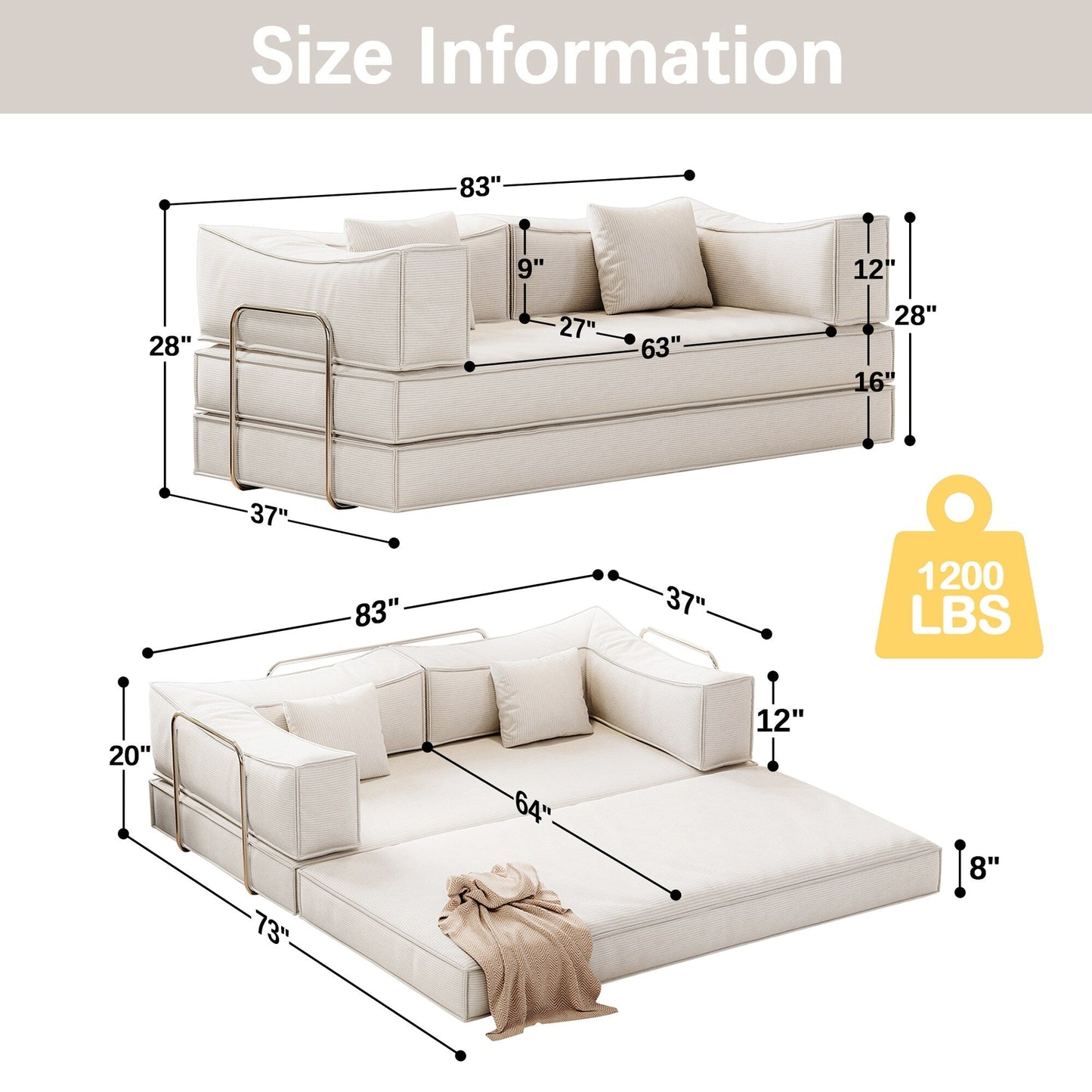 83 Upholstered Convertible Sofa Bed Corduroy Couch Foldable Futon With 2 Pillows