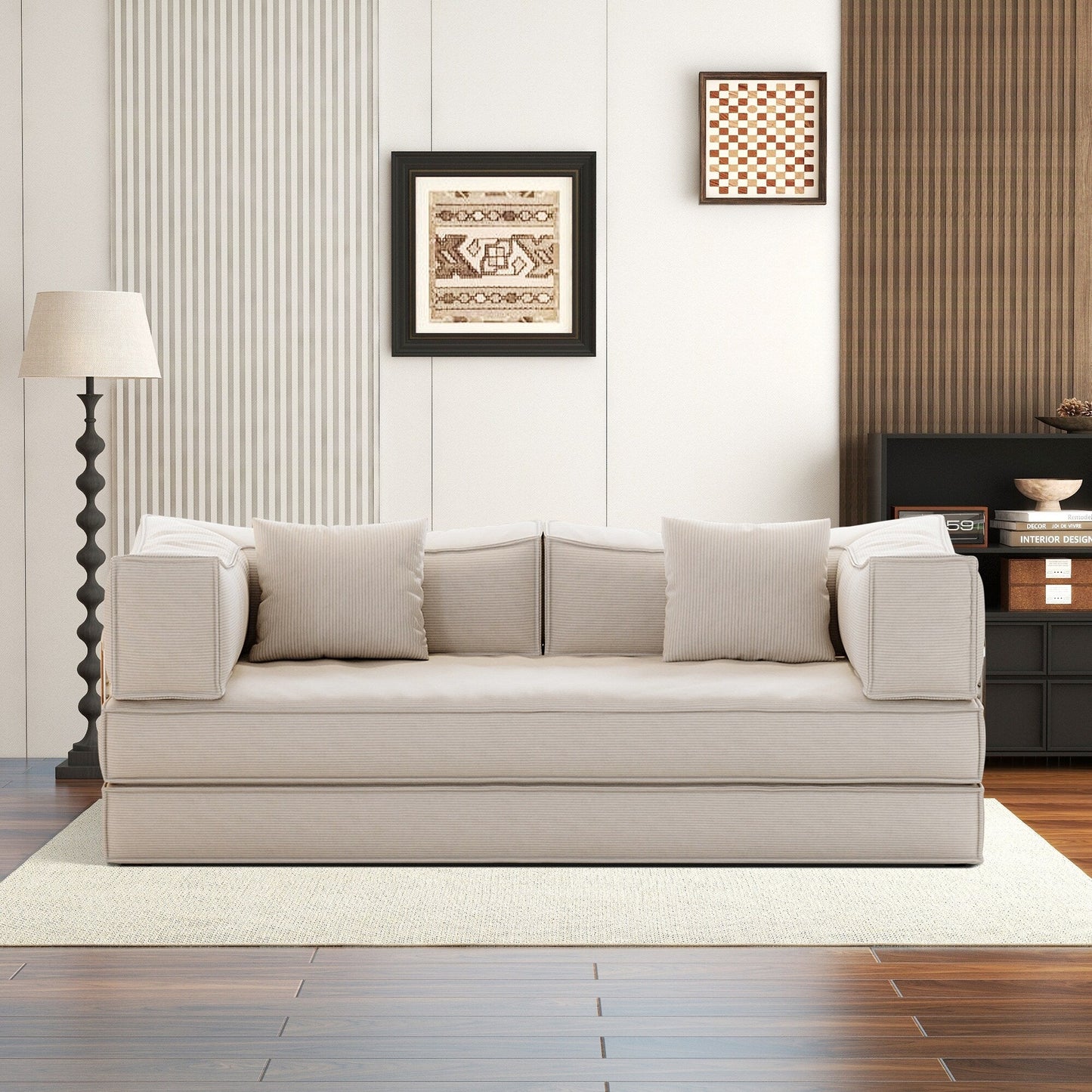 83 Upholstered Convertible Sofa Bed Corduroy Couch Foldable Futon With 2 Pillows