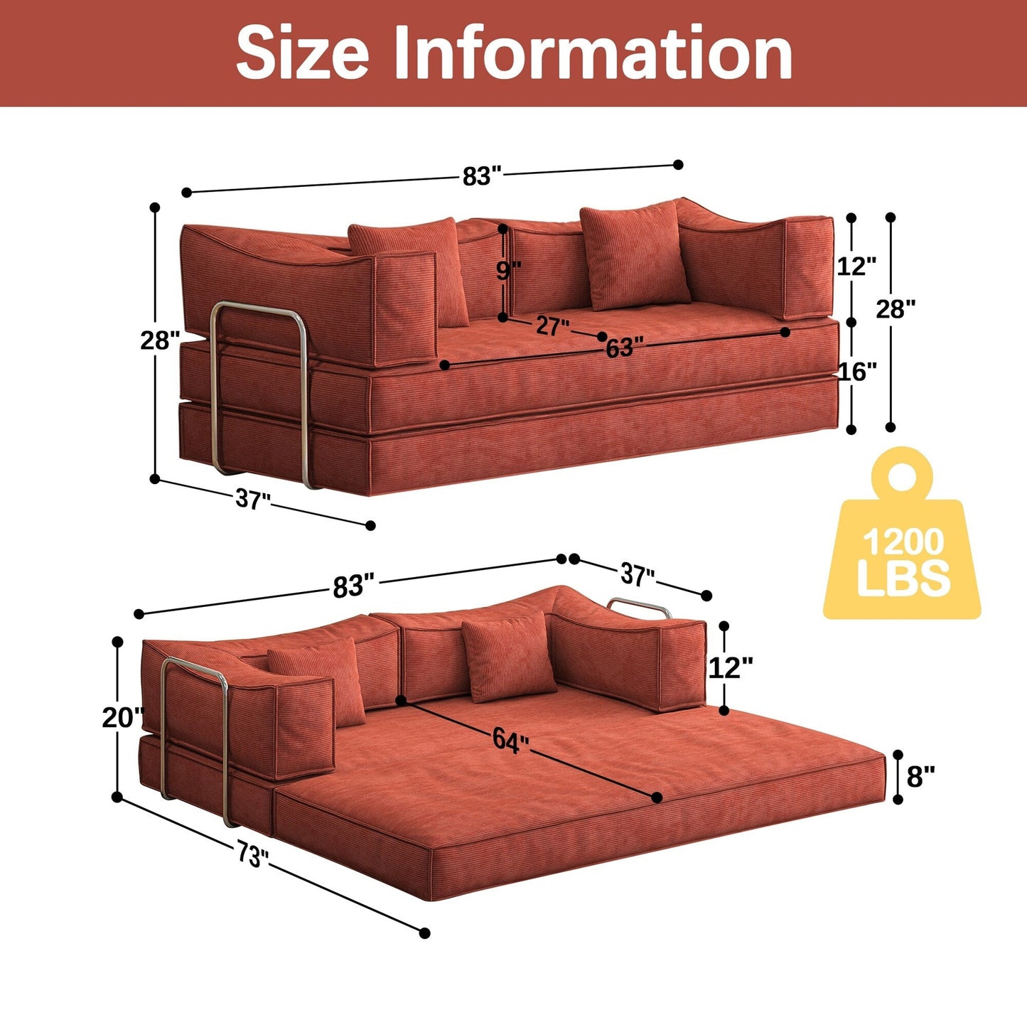 83 Upholstered Convertible Sofa Bed Corduroy Couch Foldable Futon With 2 Pillows