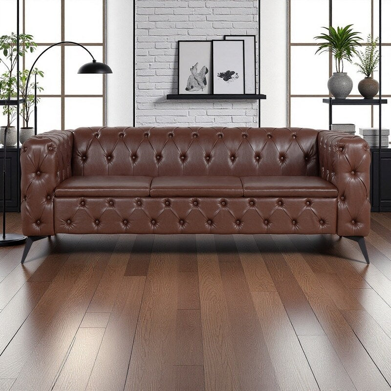 84.06 PU Traditional Square Arm 3-Seater Sofa with Removable Cushions, Pocket Spring Seat, and Iron Sled Base