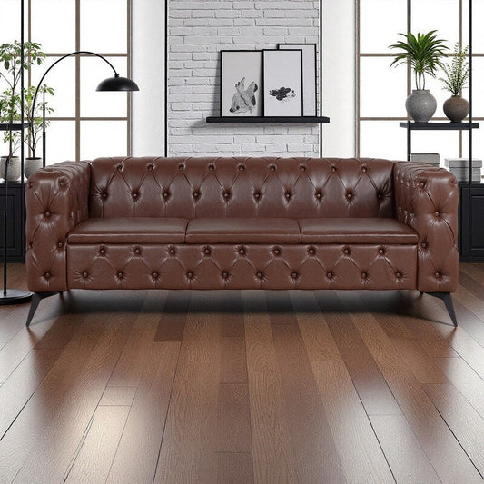 84.06 PU Traditional Square Arm 3-Seater Sofa with Removable Cushions, Pocket Spring Seat, and Iron Sled Base