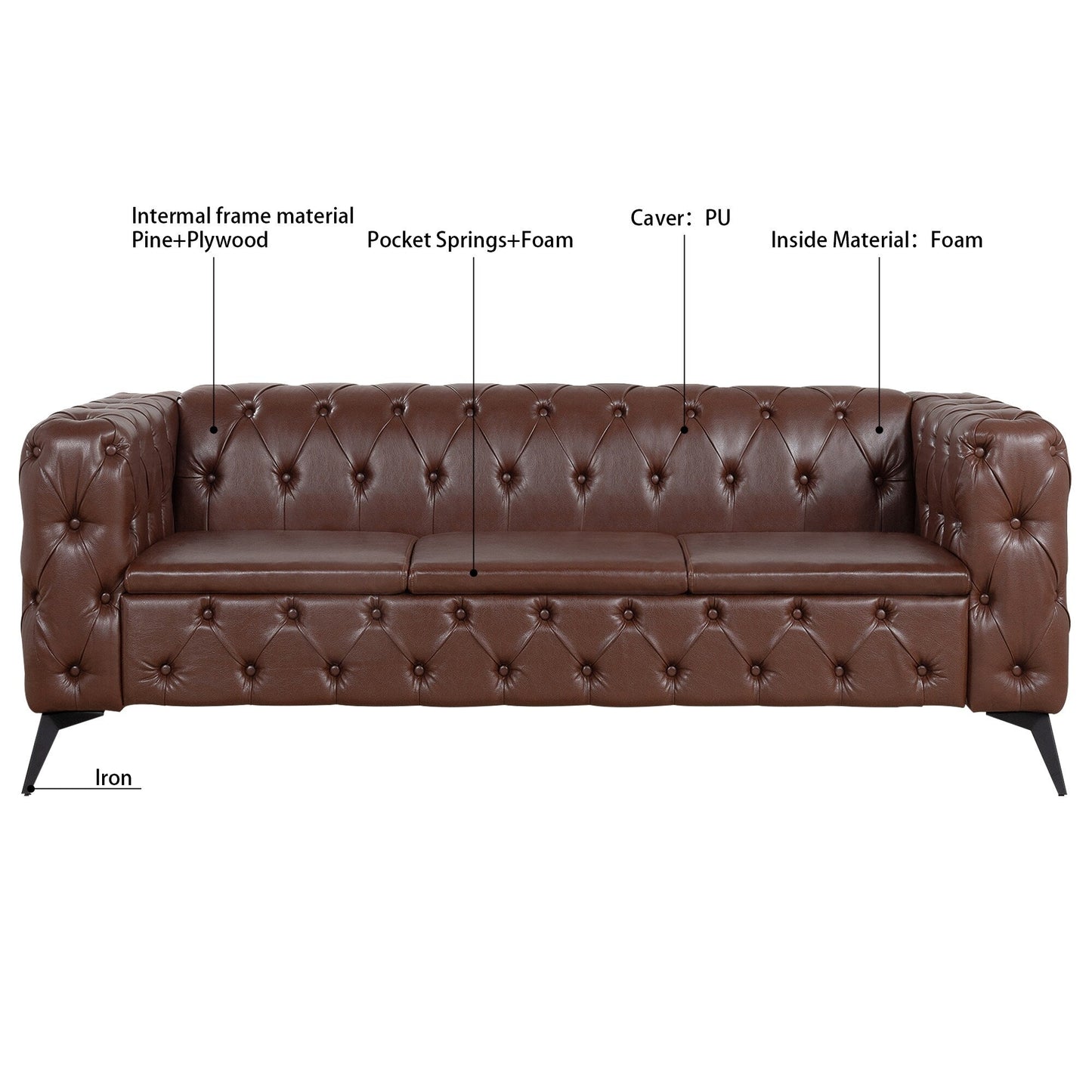 84.06 PU Traditional Square Arm 3-Seater Sofa with Removable Cushions, Pocket Spring Seat, and Iron Sled Base