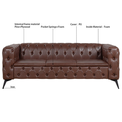 84.06 PU Traditional Square Arm 3-Seater Sofa with Removable Cushions, Pocket Spring Seat, and Iron Sled Base