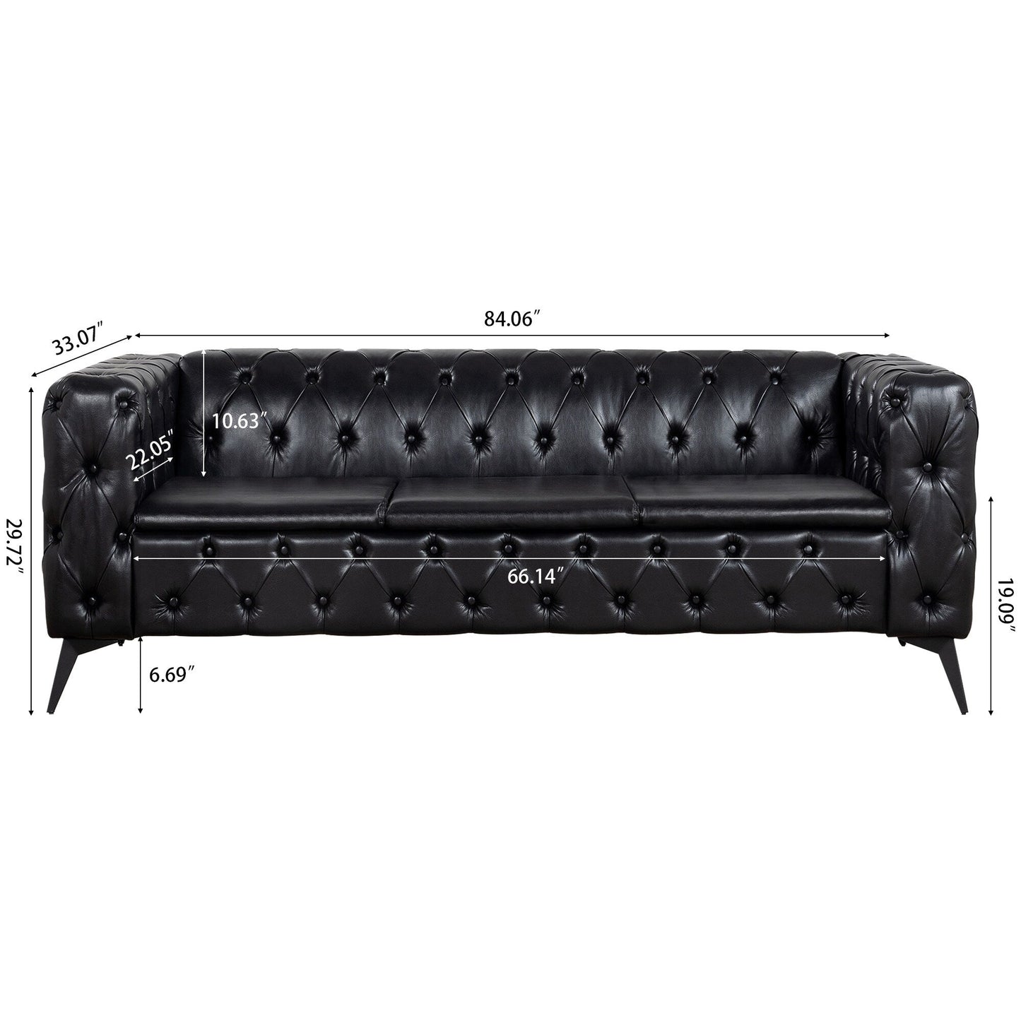 84.06 PU Traditional Square Arm 3-Seater Sofa with Removable Cushions, Pocket Spring Seat, and Iron Sled Base