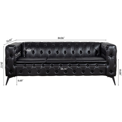 84.06 PU Traditional Square Arm 3-Seater Sofa with Removable Cushions, Pocket Spring Seat, and Iron Sled Base