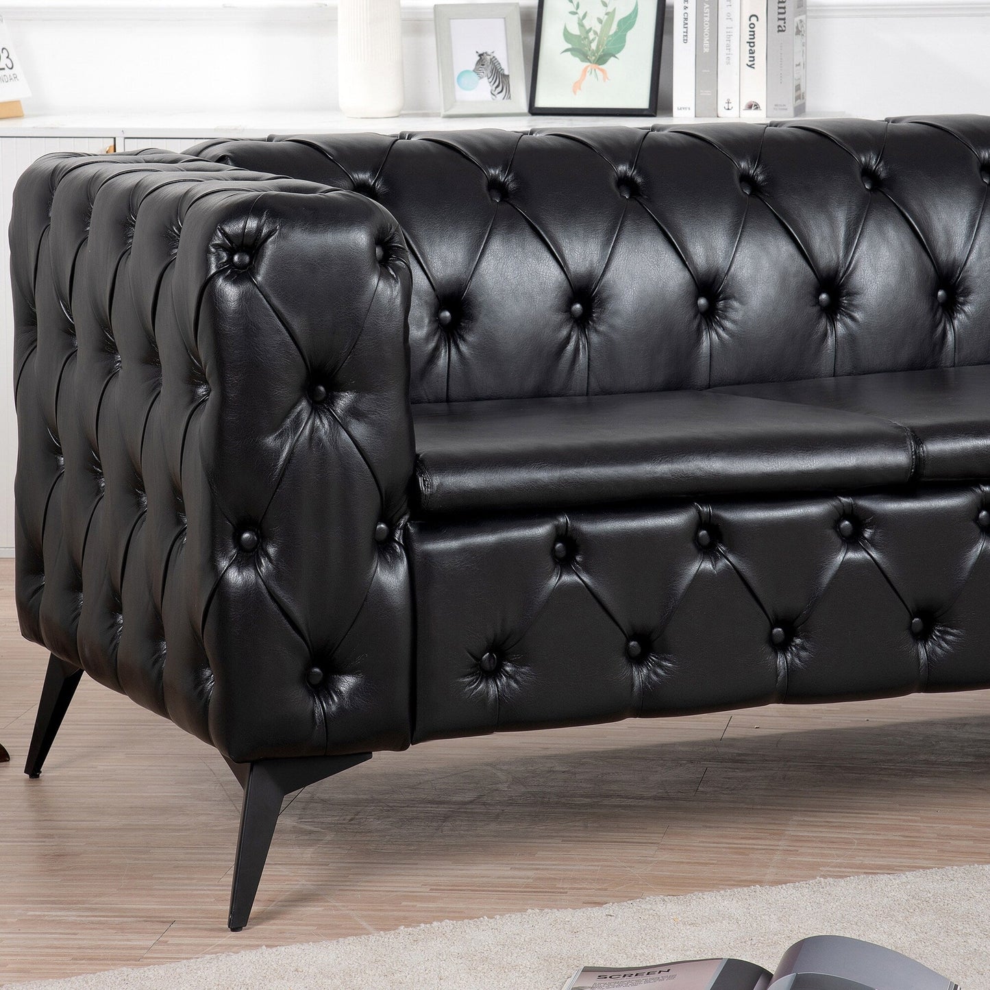84.06 PU Traditional Square Arm 3-Seater Sofa with Removable Cushions, Pocket Spring Seat, and Iron Sled Base