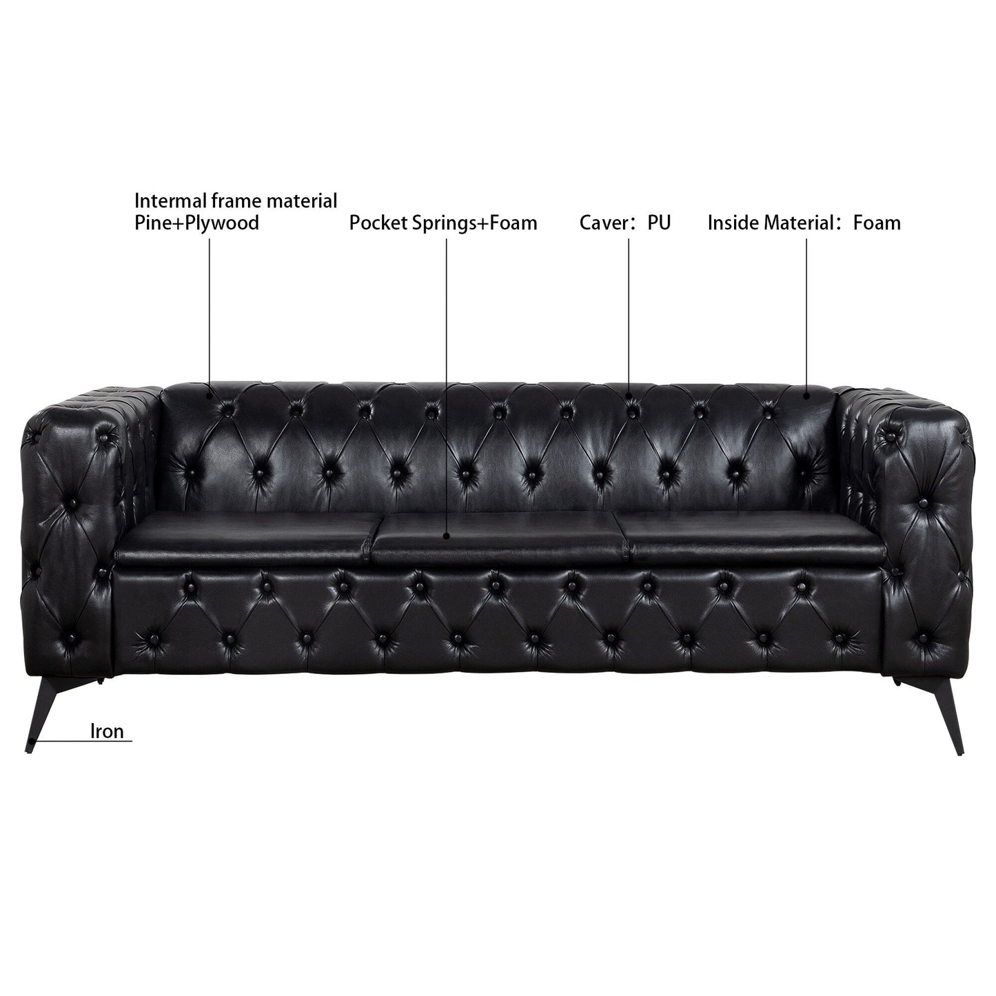84.06 PU Traditional Square Arm 3-Seater Sofa with Removable Cushions, Pocket Spring Seat, and Iron Sled Base