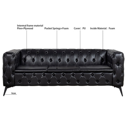 84.06 PU Traditional Square Arm 3-Seater Sofa with Removable Cushions, Pocket Spring Seat, and Iron Sled Base