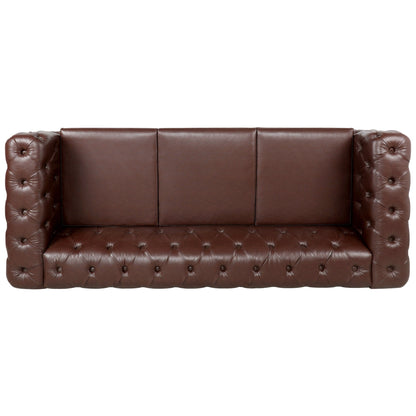 84.06 PU Traditional Square Arm 3-Seater Sofa with Removable Cushions, Pocket Spring Seat, and Iron Sled Base