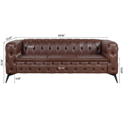84.06 PU Traditional Square Arm 3-Seater Sofa with Removable Cushions, Pocket Spring Seat, and Iron Sled Base