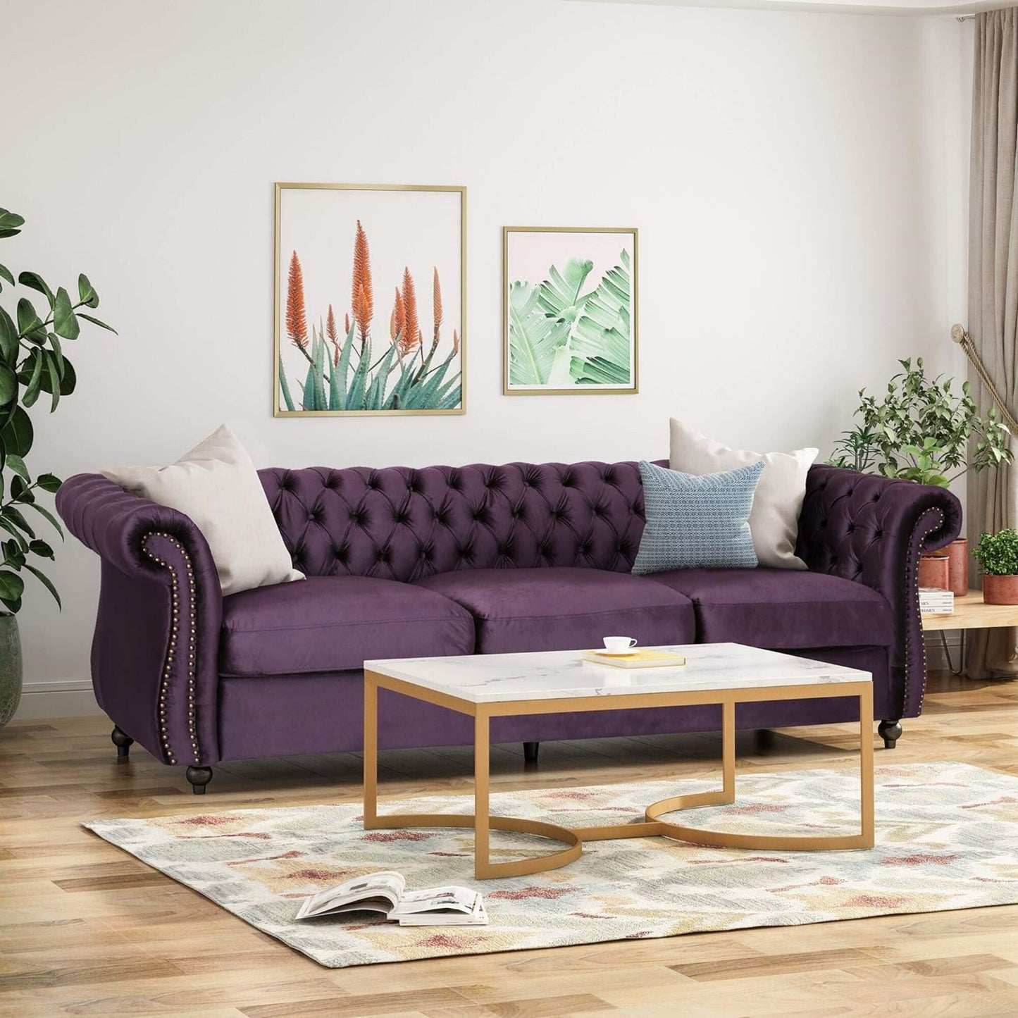 84.5'' Velvet 3-Seater Sofa with Soft Fabric, Generous Seating, and Lightweight Structure