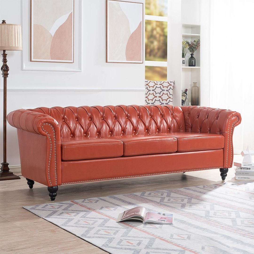 84.65 Chesterfield Tufted Faux Leather Sofa with Rolled Arms