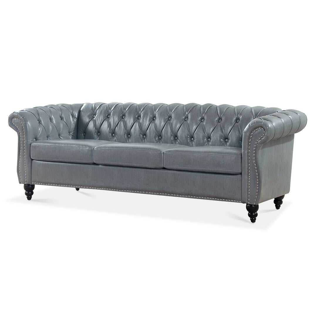 84.65 Chesterfield Tufted Faux Leather Sofa with Rolled Arms