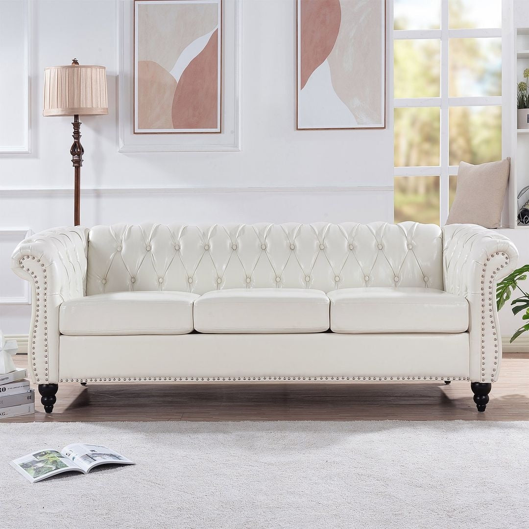 84.65 Chesterfield Tufted Faux Leather Sofa with Rolled Arms