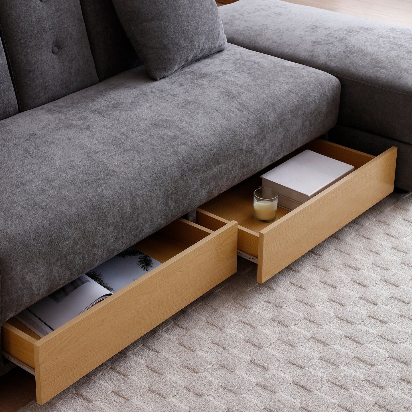 84.65 Cotton Linen Convertible 3-seater Sleeper Sofa Bed with Storage Ottoman, Drop Down Table, 2 Drawers