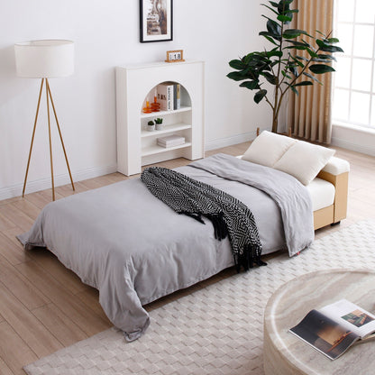 84.65 Cotton Linen Convertible 3-seater Sleeper Sofa Bed with Storage Ottoman, Drop Down Table, 2 Drawers