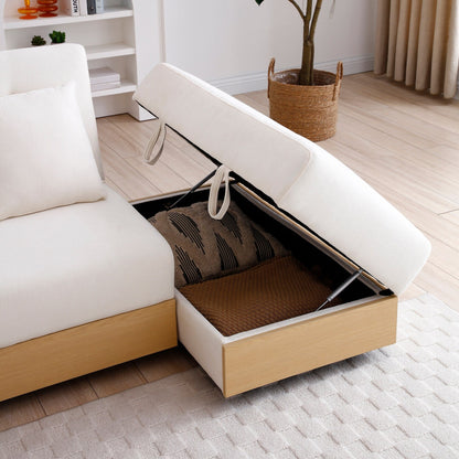 84.65 Cotton Linen Convertible 3-seater Sleeper Sofa Bed with Storage Ottoman, Drop Down Table, 2 Drawers