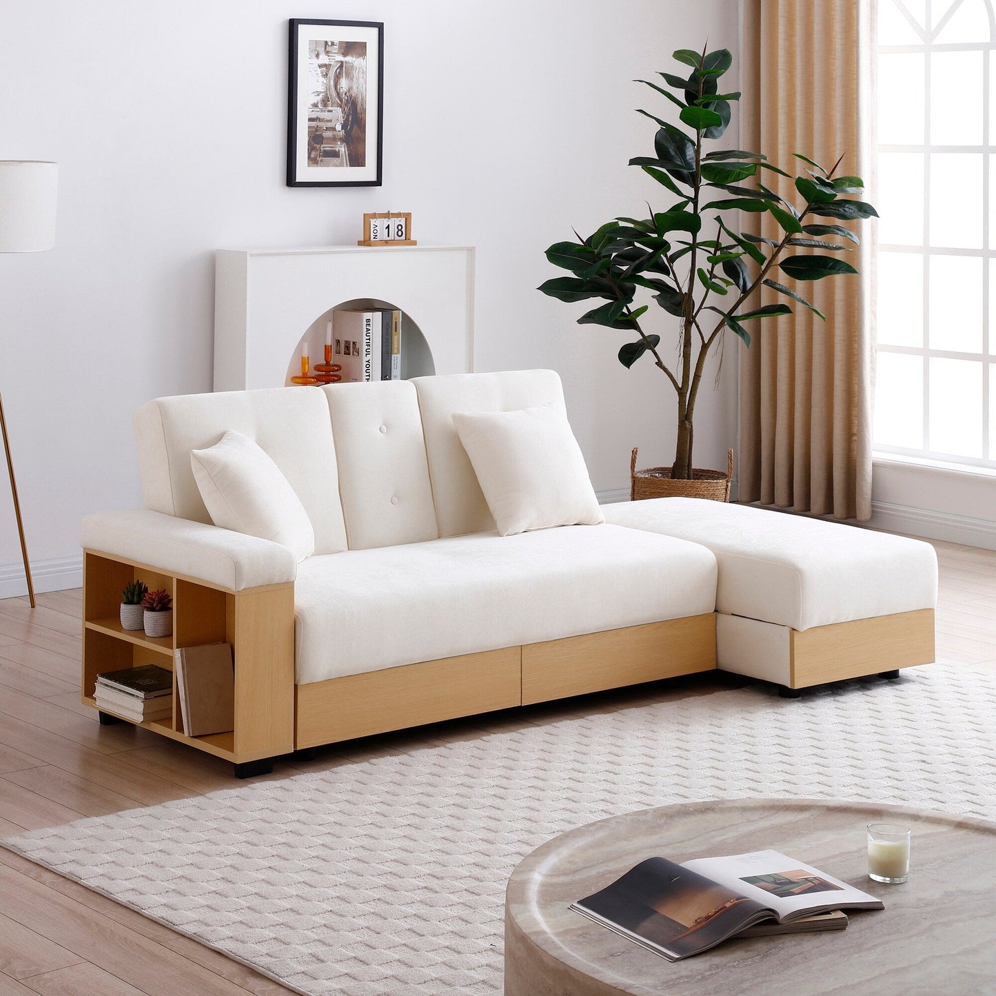 84.65 Cotton Linen Convertible 3-seater Sleeper Sofa Bed with Storage Ottoman, Drop Down Table, 2 Drawers