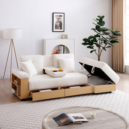 84.65 Cotton Linen Convertible 3-seater Sleeper Sofa Bed with Storage Ottoman, Drop Down Table, 2 Drawers