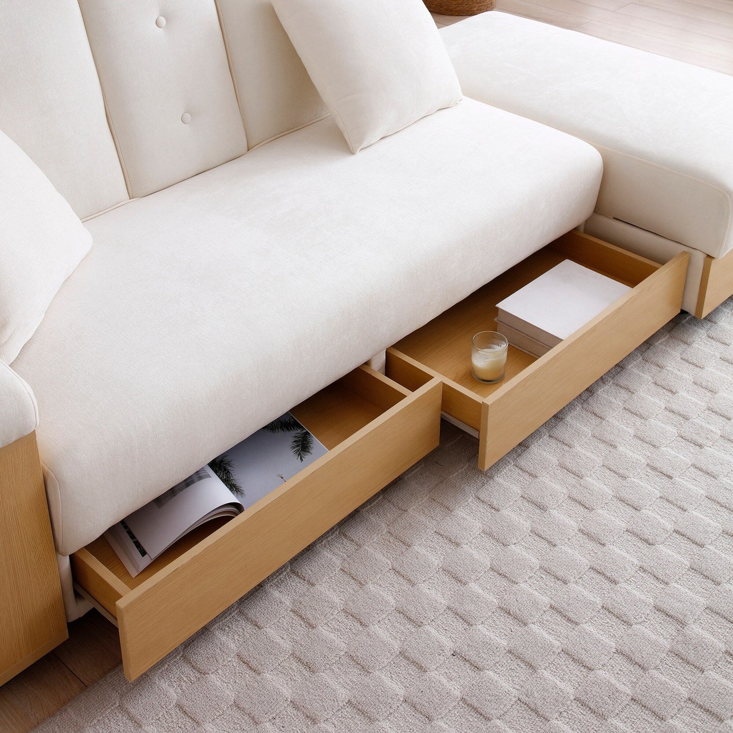 84.65 Cotton Linen Convertible 3-seater Sleeper Sofa Bed with Storage Ottoman, Drop Down Table, 2 Drawers