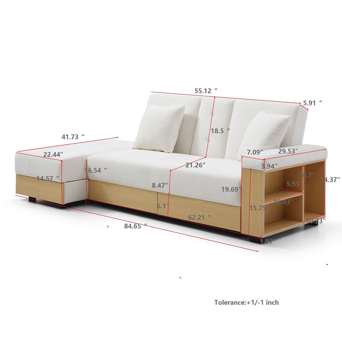84.65 Cotton Linen Convertible 3-seater Sleeper Sofa Bed with Storage Ottoman, Drop Down Table, 2 Drawers