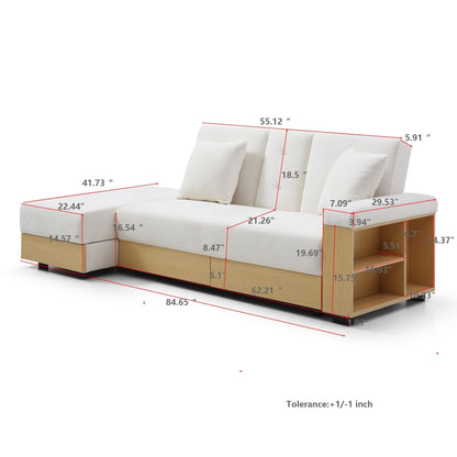 84.65 Cotton Linen Convertible 3-seater Sleeper Sofa Bed with Storage Ottoman, Drop Down Table, 2 Drawers