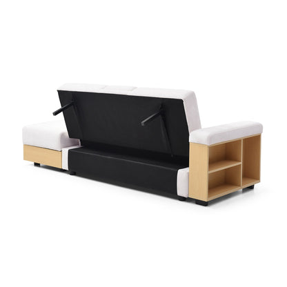 84.65 Cotton Linen Convertible 3-seater Sleeper Sofa Bed with Storage Ottoman, Drop Down Table, 2 Drawers