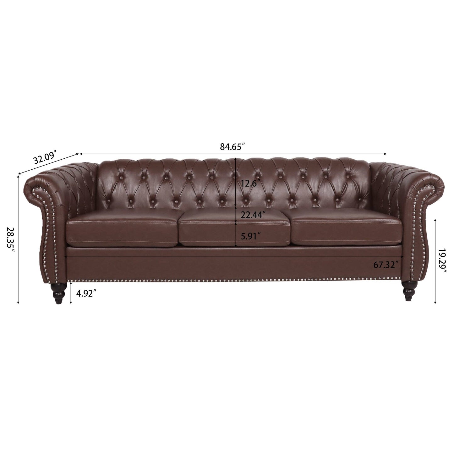 84.65 PU Leather Chesterfield Sofa with Rolled Arms (3-Seater)