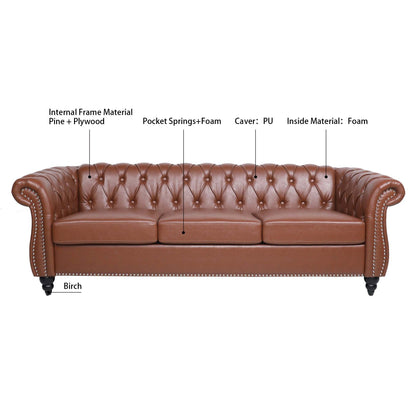 84.65 PU Leather Chesterfield Sofa with Rolled Arms (3-Seater)