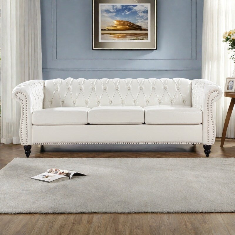 84.65 PU Leather Chesterfield Sofa with Rolled Arms (3-Seater)