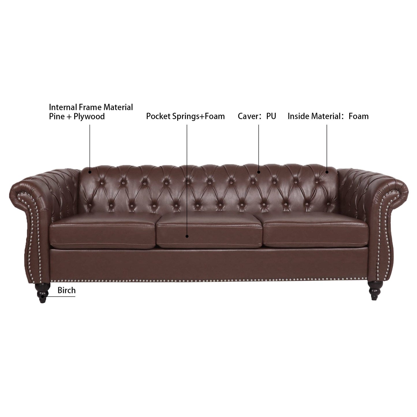 84.65 PU Leather Chesterfield Sofa with Rolled Arms (3-Seater)