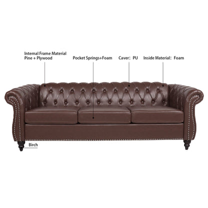 84.65 PU Leather Chesterfield Sofa with Rolled Arms (3-Seater)