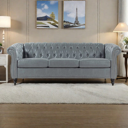 84.65 PU Leather Chesterfield Sofa with Rolled Arms (3-Seater)