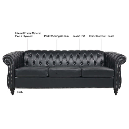 84.65 PU Leather Chesterfield Sofa with Rolled Arms (3-Seater)