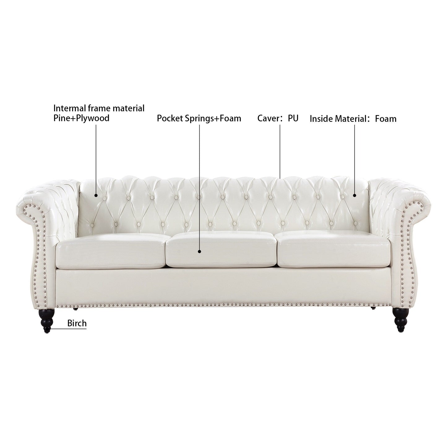 84.65 PU Leather Chesterfield Sofa with Rolled Arms (3-Seater)