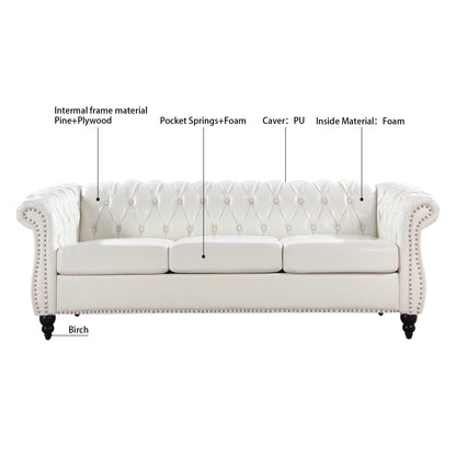 84.65 PU Leather Chesterfield Sofa with Rolled Arms (3-Seater)