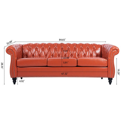 84.65 PU Leather Chesterfield Sofa with Rolled Arms (3-Seater)