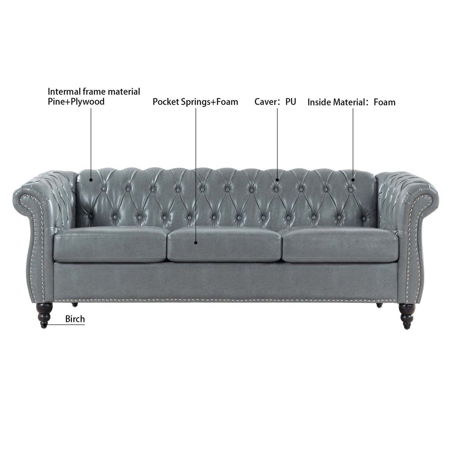 84.65 PU Leather Chesterfield Sofa with Rolled Arms (3-Seater)